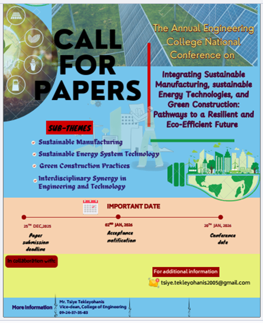 Call for Paper Image - College of Engineering Annual National Conference on “Integrating Sustainable Manufacturing, Energy Technologies, and Green Construction: Pathways to a Resilient and Eco-Efficient Future”